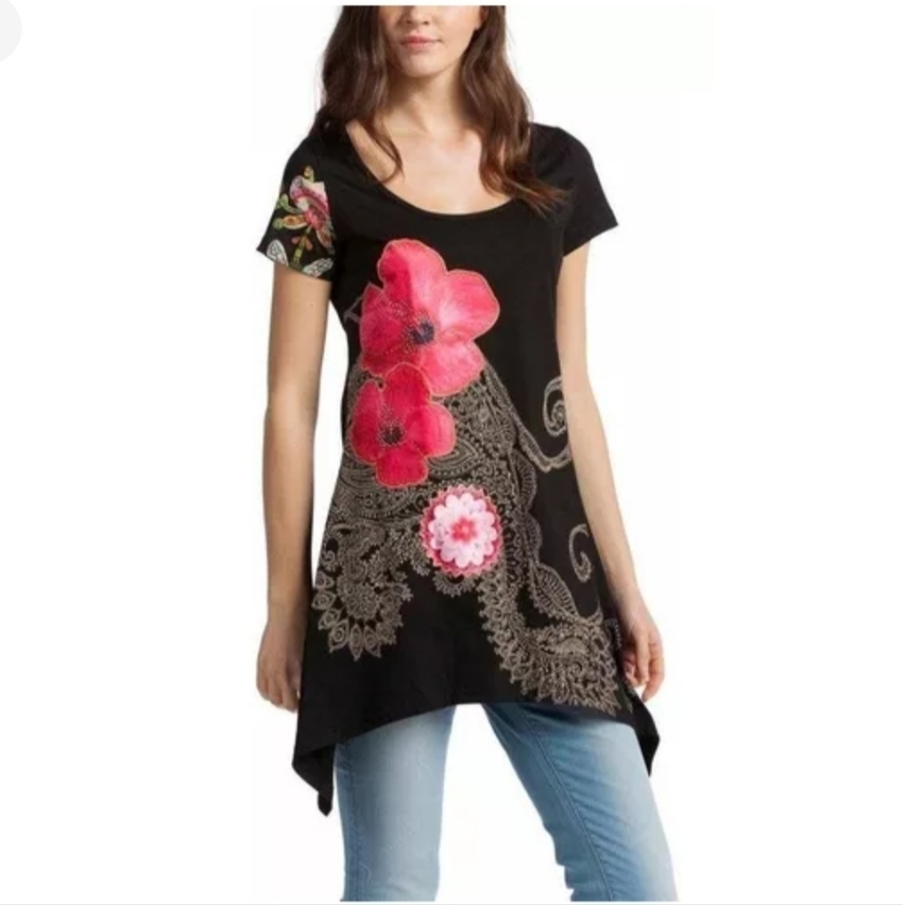 Desigual Floral Black Tunic Top with Pink Accents Cotton‎